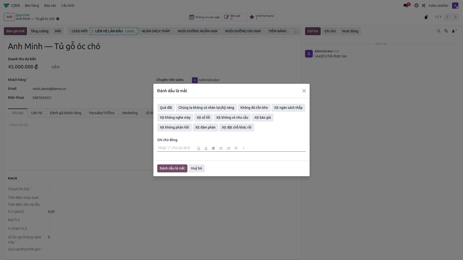 Lý do mất lead theo quy ước KALIX