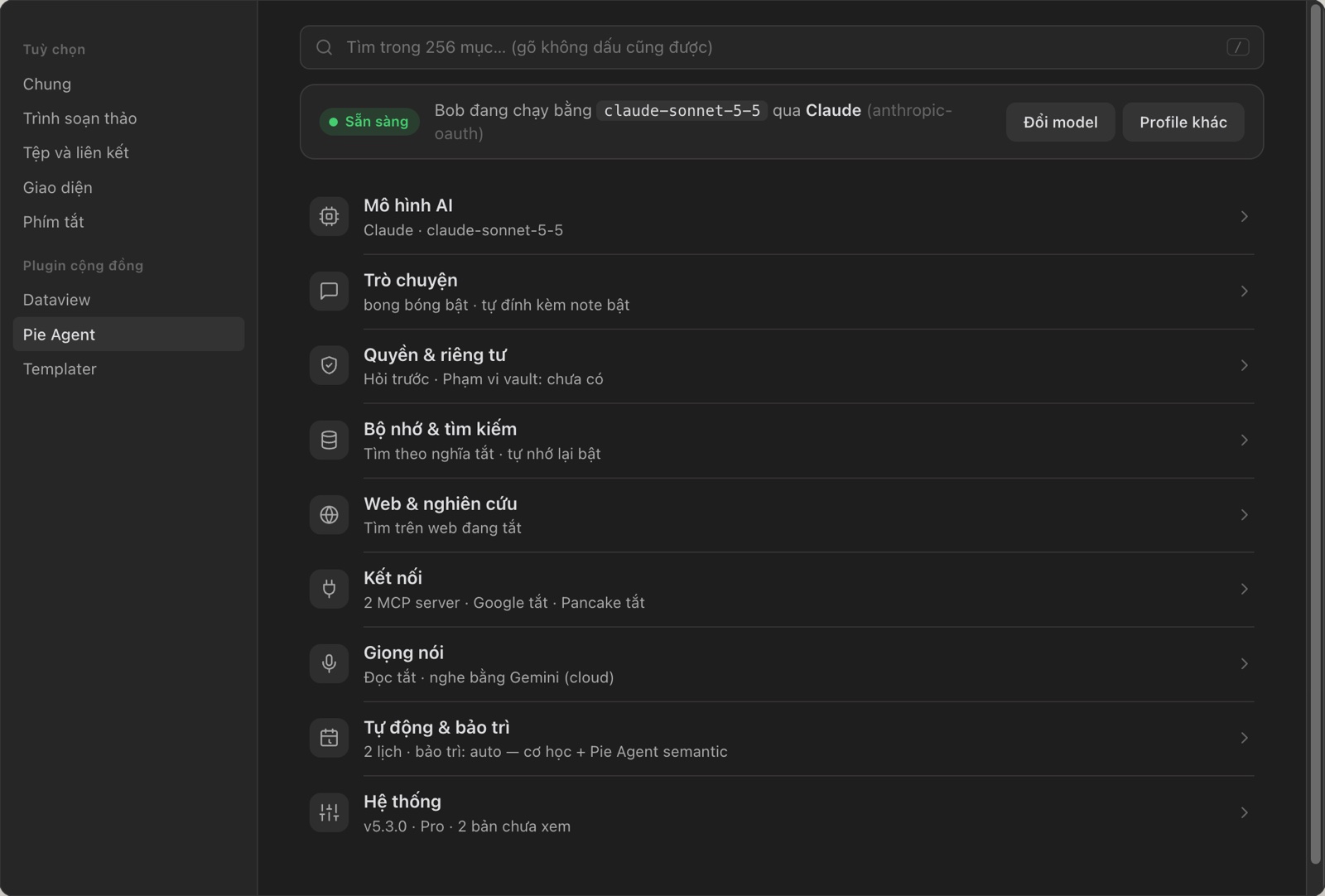 Settings: mô hình AI, quyền, bộ nhớ, kết nối, giọng nói, bảo trì
