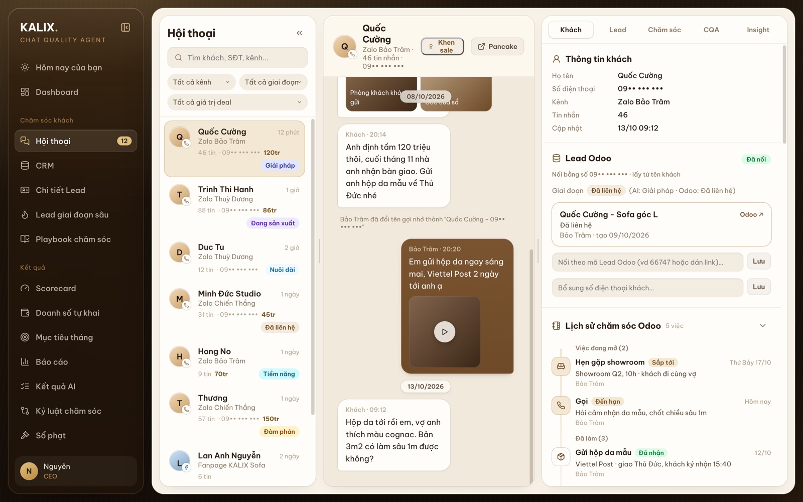 Hội thoại kèm thông tin khách và Lead Odoo